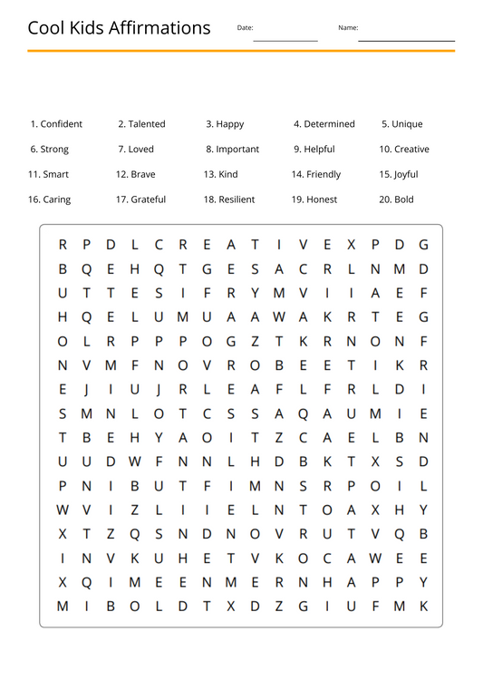 Cool Kids Affirmations Wordsearch